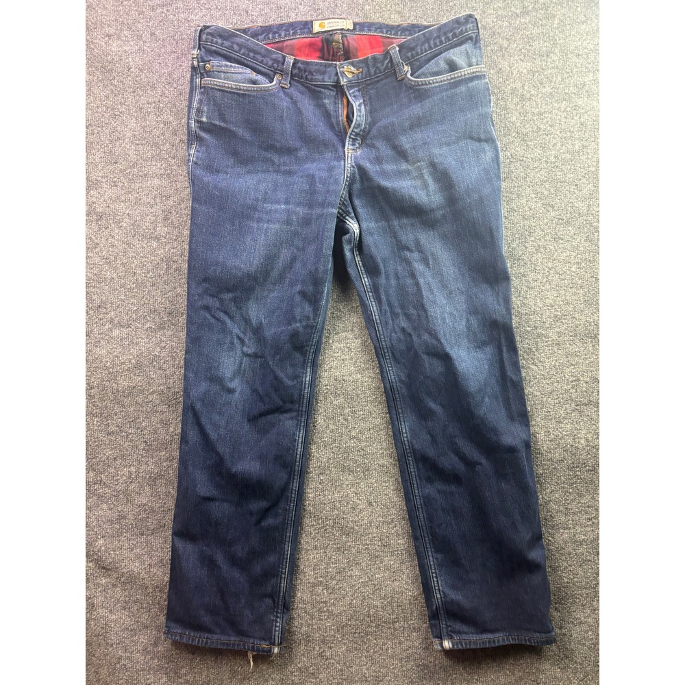 Carhartt Flannel Lined Jeans Women 18 Regular Blue Plaid Original Fit Straight